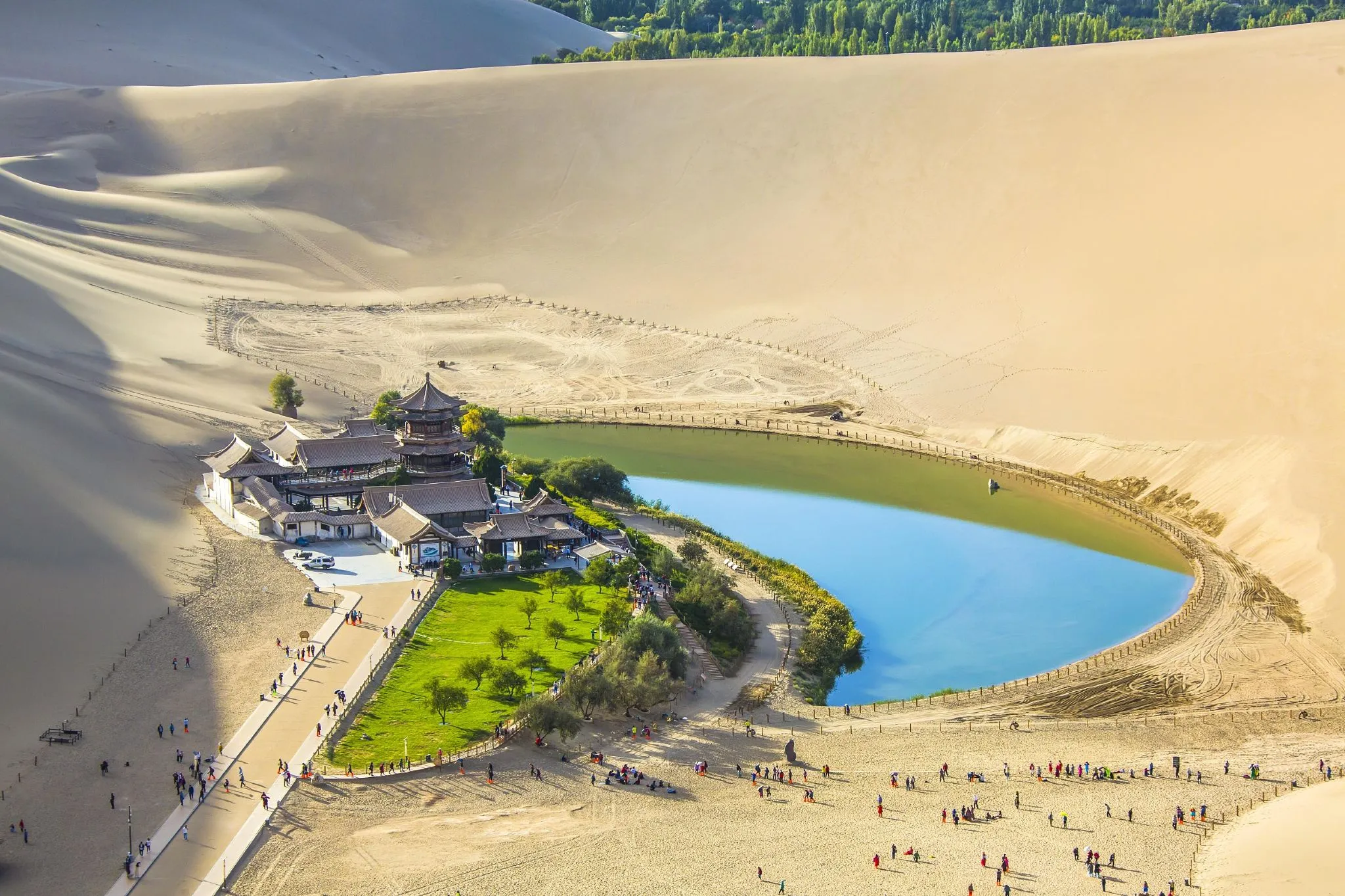 Crescent Lake Aerial Panorama Visitors in Summer, Xinjiang