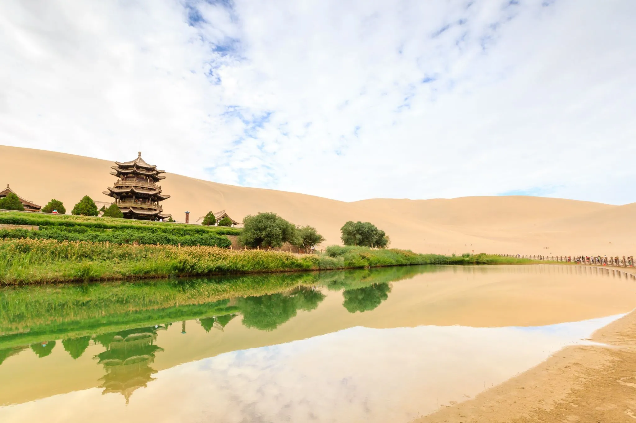 Crescent Lake Pagoda Reflection Day in Cloudy, Xinjiang