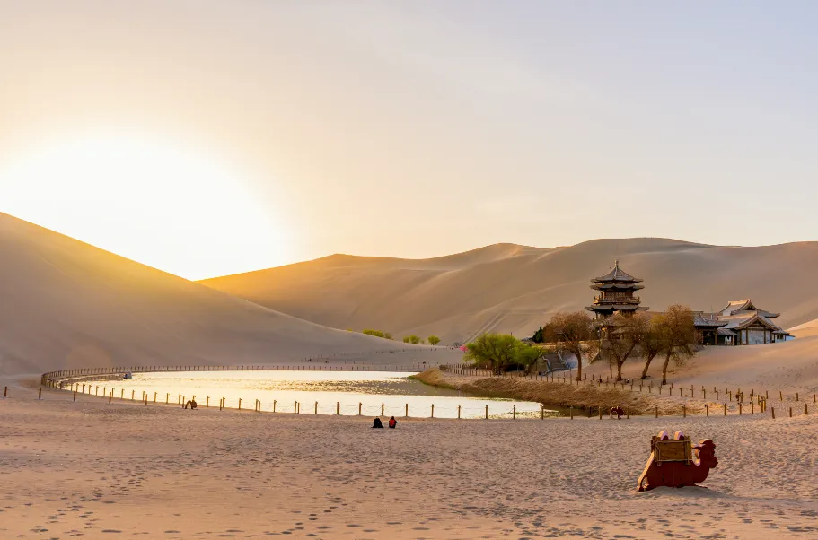 Crescent Lake Golden Dunes Silhouette in Sunset, Xinjiang