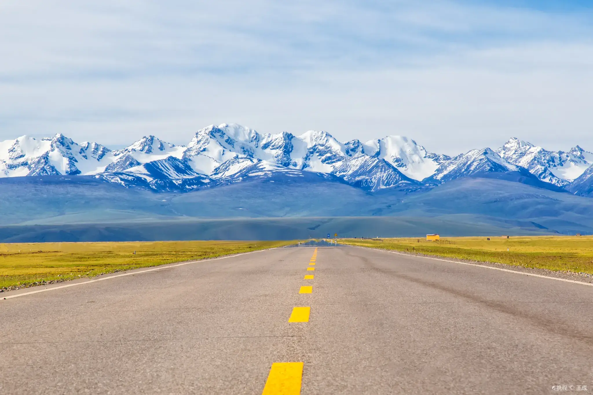 Duku Highway Straight Road Snowy Mountains in Summer, Xinjiang