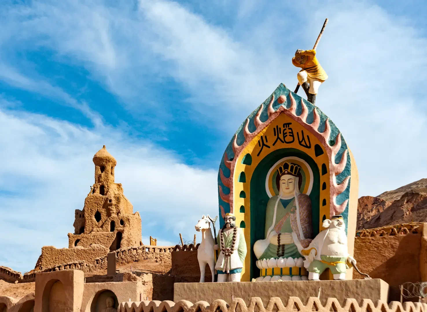 Xinjiang Flaming Mountains Bezeklik Buddha shrine and ancient tower landscape