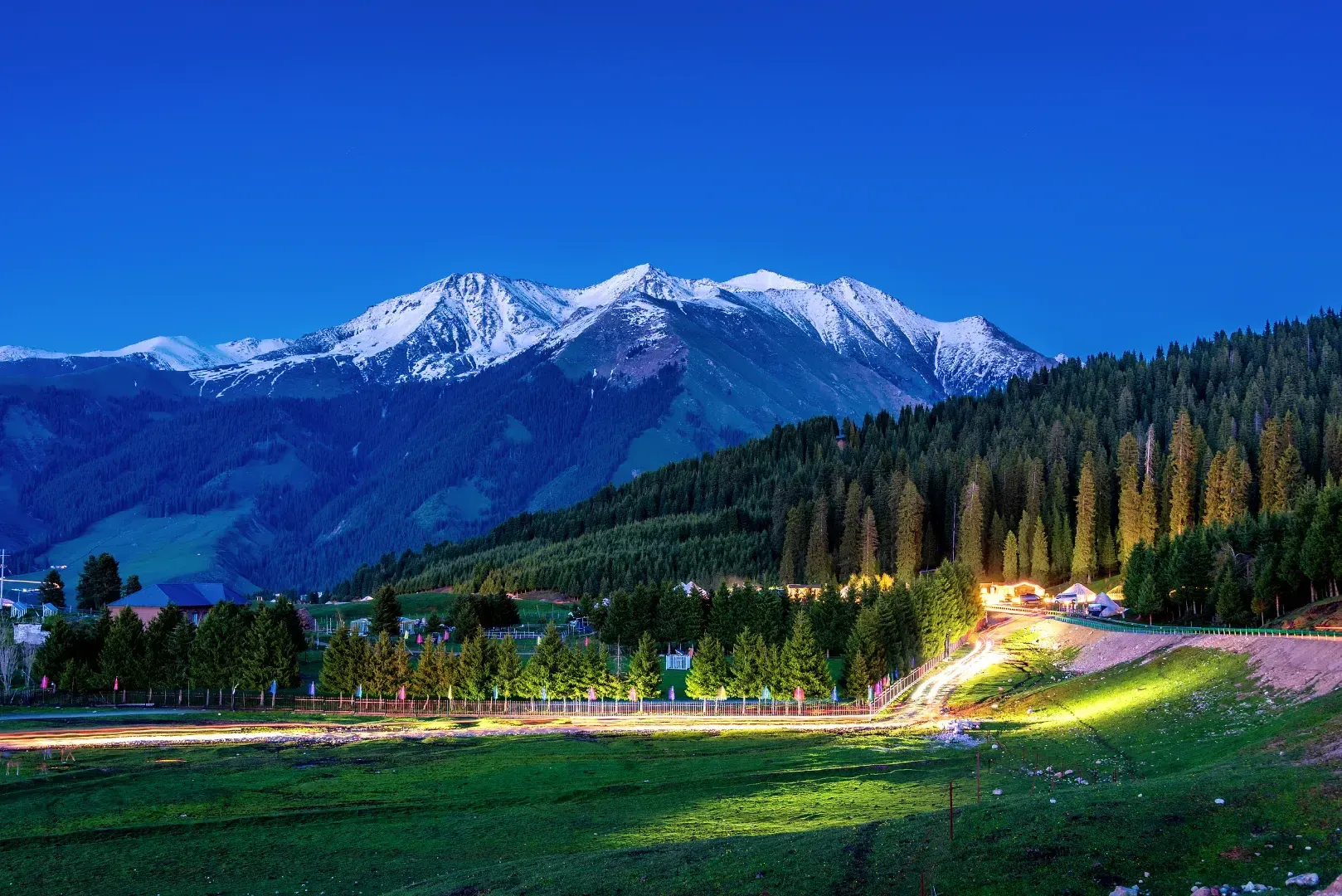 Kalajun Grassland Twilight Illuminated Camp Snow, Xinjiang