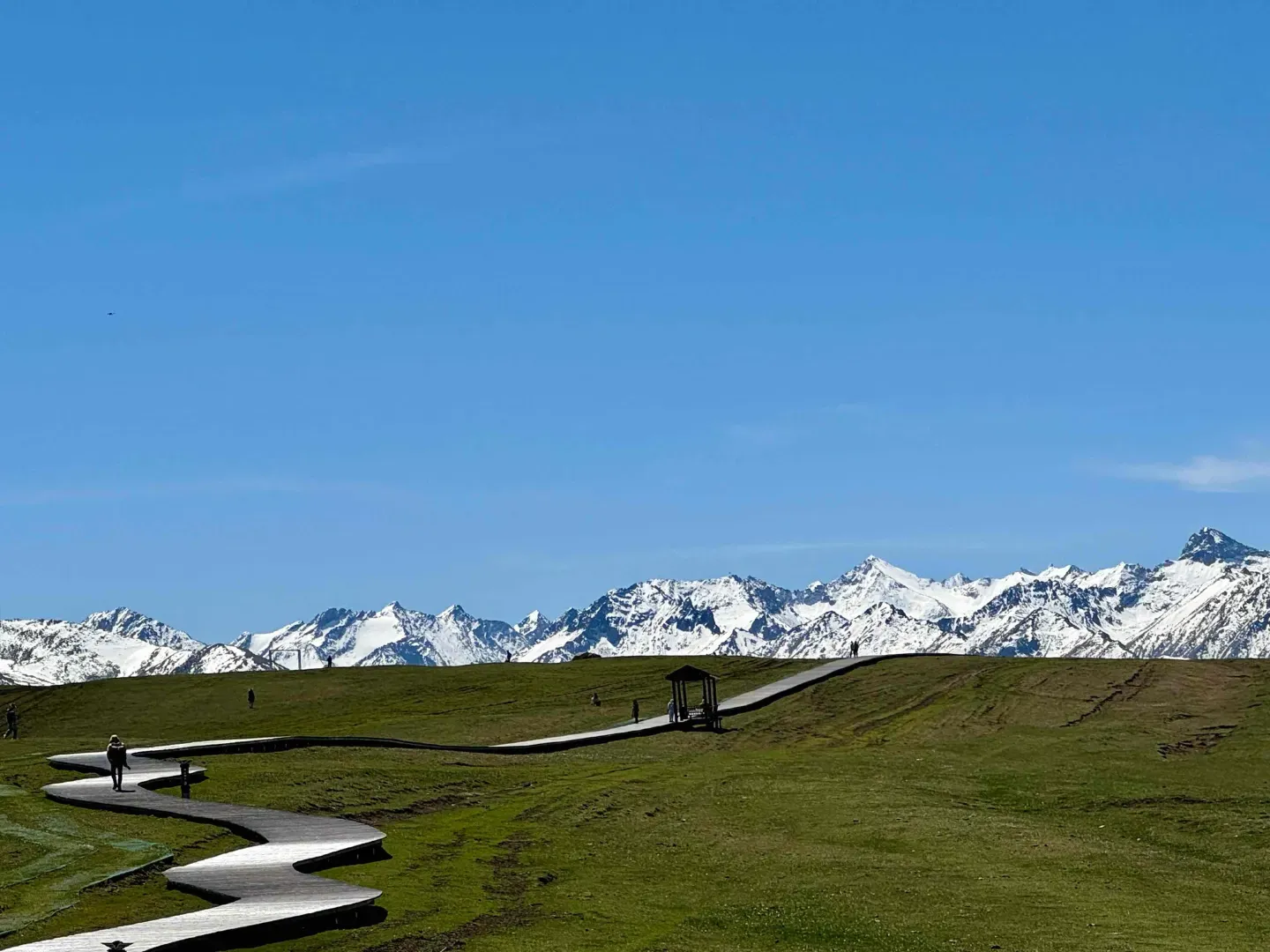 Kalajun Grassland Winding Boardwalk Snow Peaks in Summer, Xinjiang