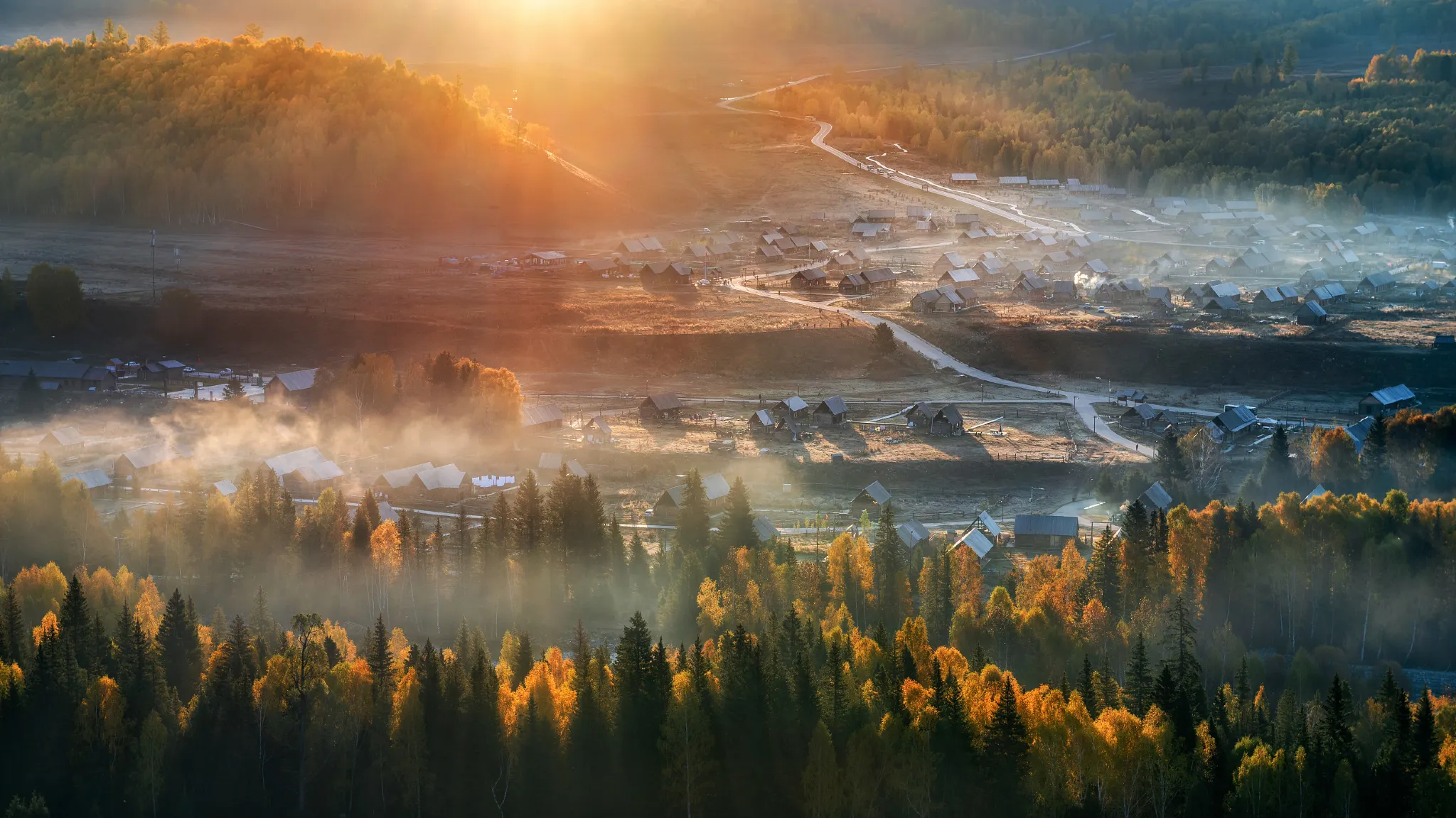 Kanas Aerial Chimney Smoke in Autumn, Xinjiang