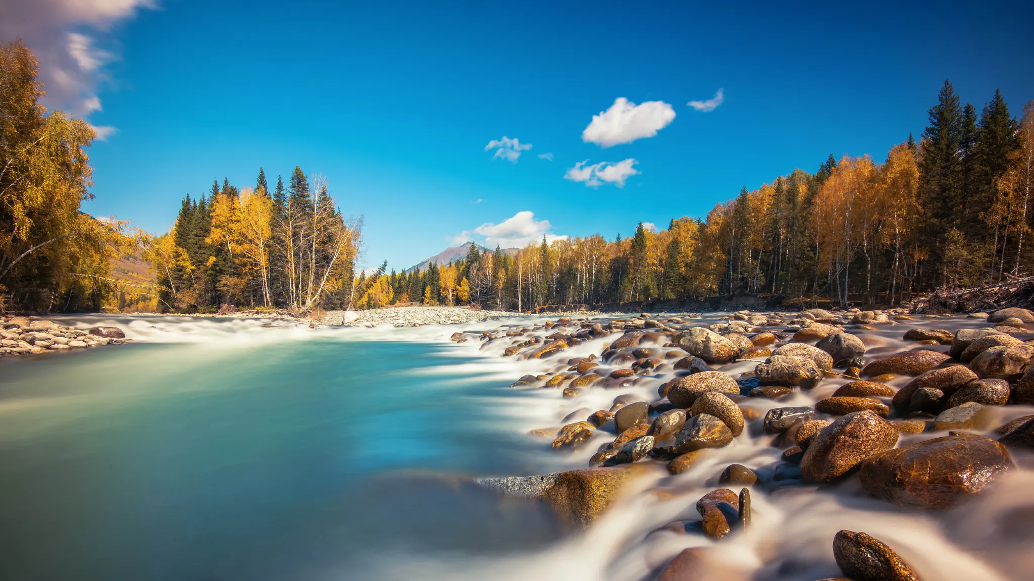 Kanas Vivid Colors Blue Sky in Autumn, Xinjiang