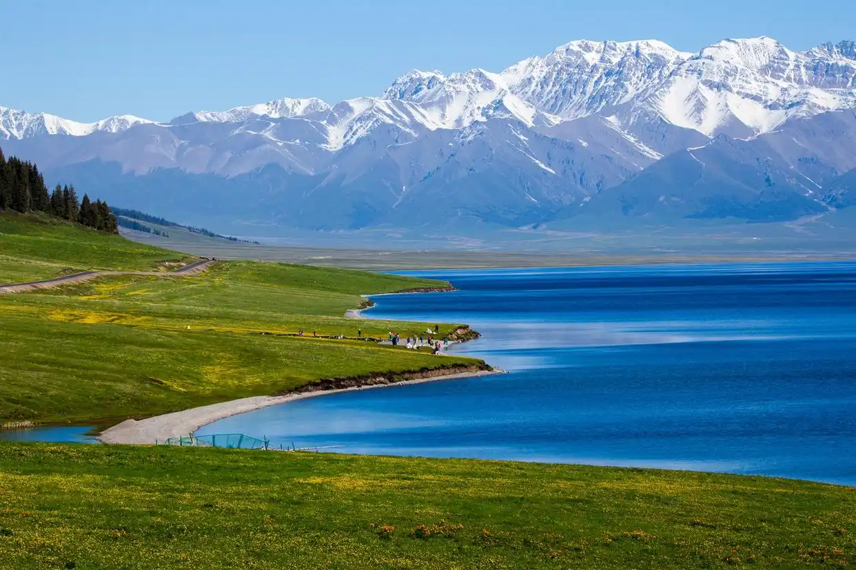 Sayram Lake Panoramic Snow Capped Peaks in Summer, Xinjiang
