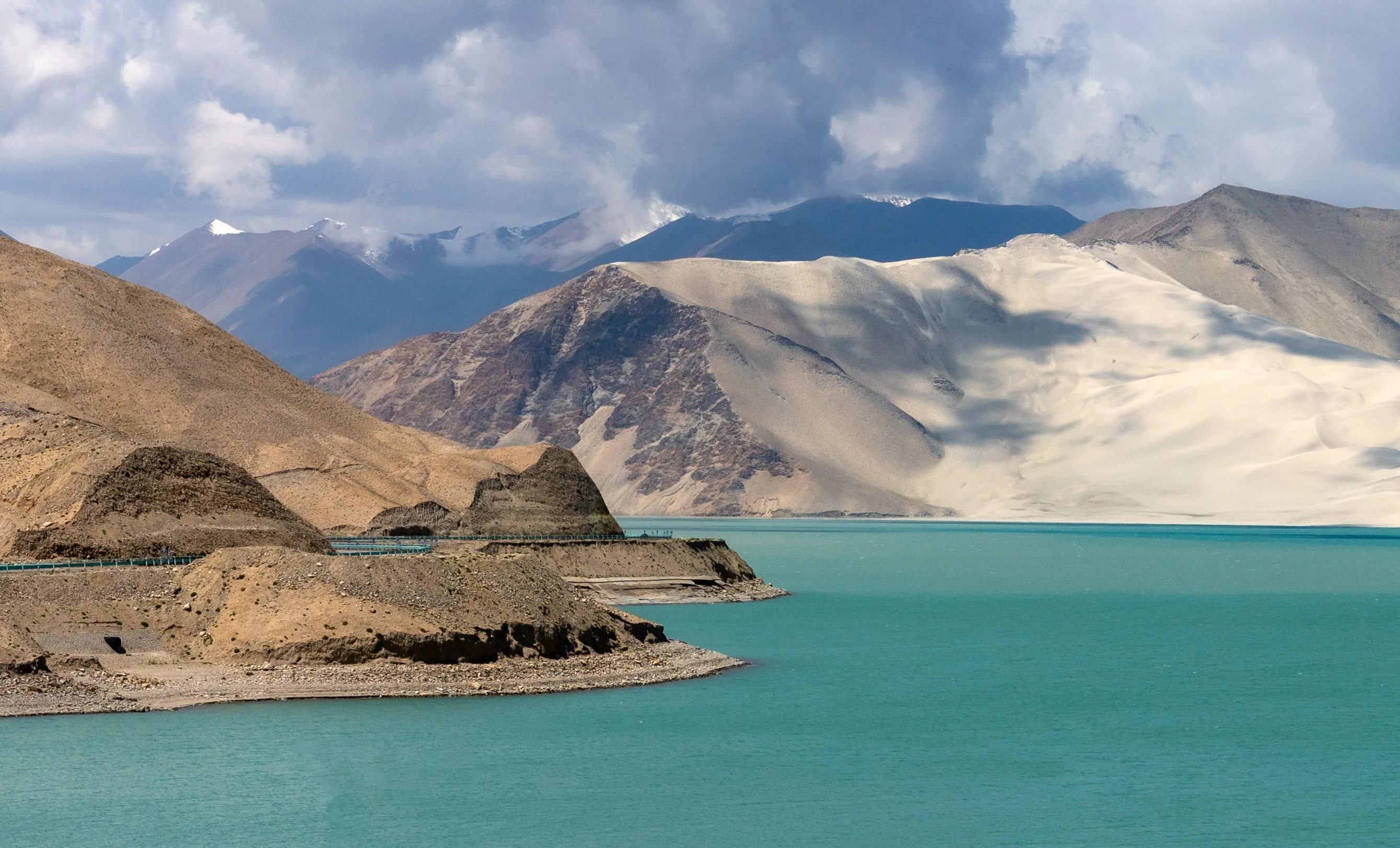 Baisha Lake Turquoise Water Sand Dunes in Summer, Xinjiang