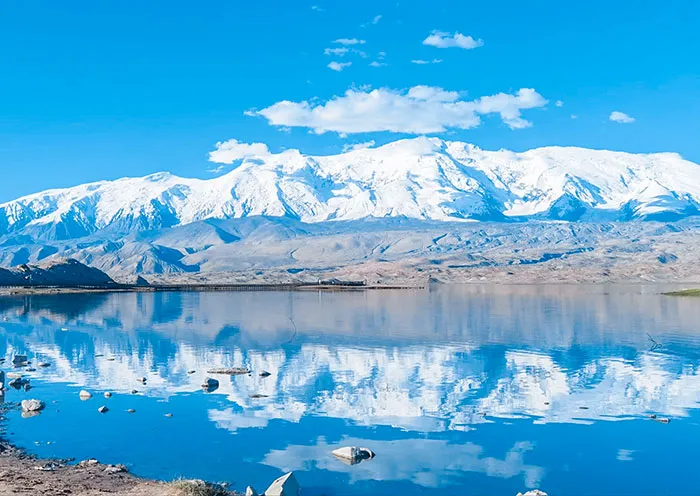 Karakul Lake Snow Mirror Reflection in Summer, Xinjiang