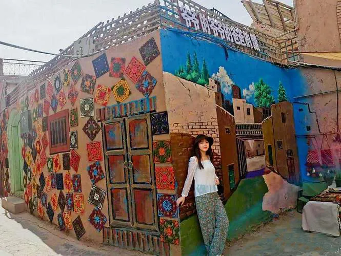 Kashgar Old City colorful mural wall and historic street scene