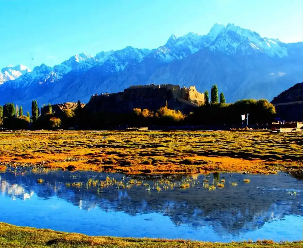 Pamir Plateau Ancient Fortress Reflection in Autumn, Xinjiang