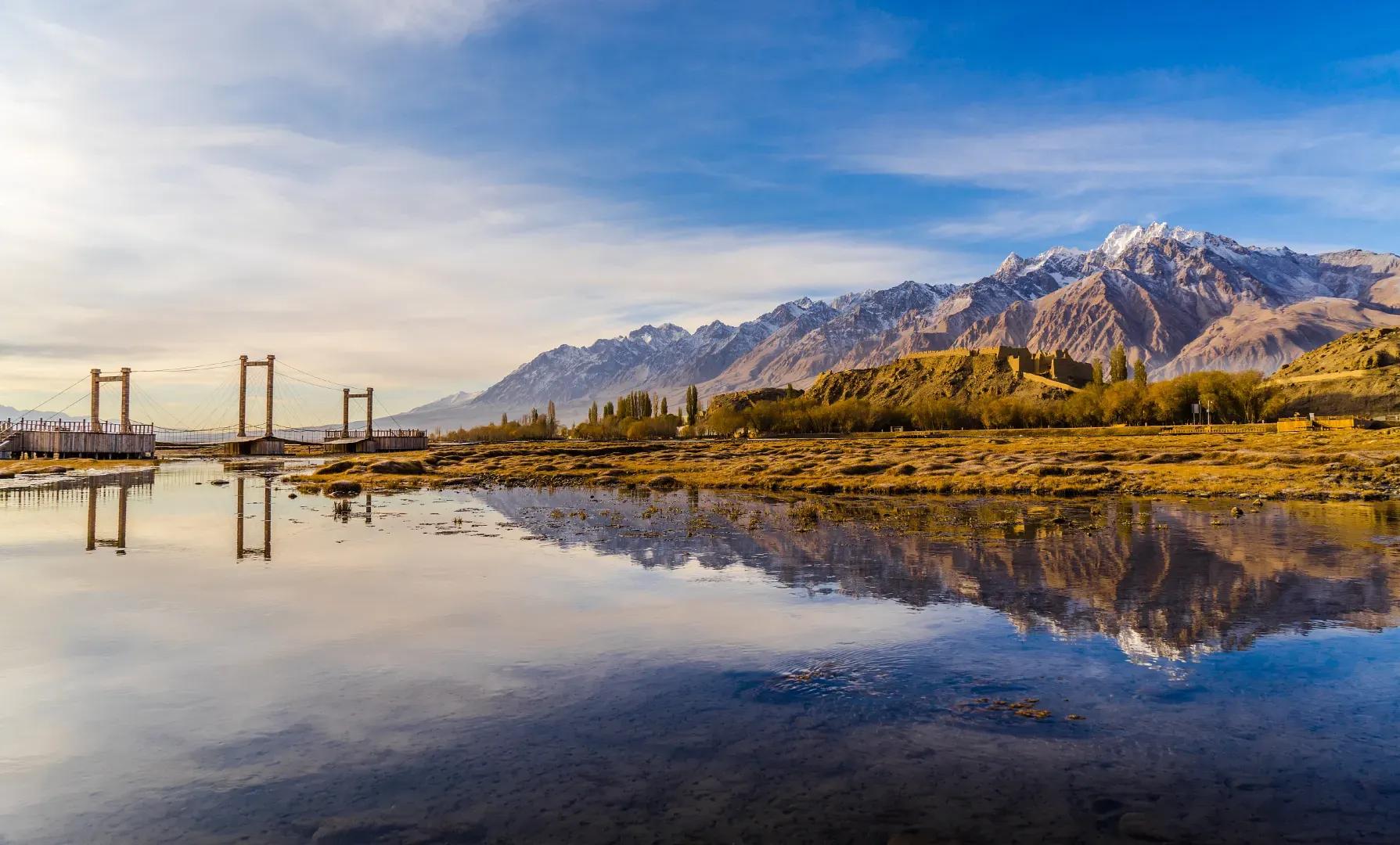 Stone City Ruins Xinjiang wetland lake and snow mountain reflection